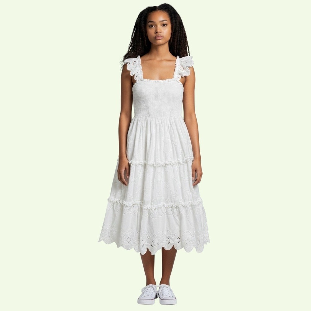 Cleobella Midi Dress M White Eyelet Smocked Ruffle Tiered Boho Cottagecore